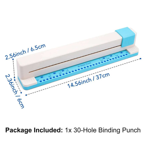 Adjustable 30 Hole Binding Punch for discbound notebooks with clear scale guide showing dimensions 14.6x2.6x2.4 inches.