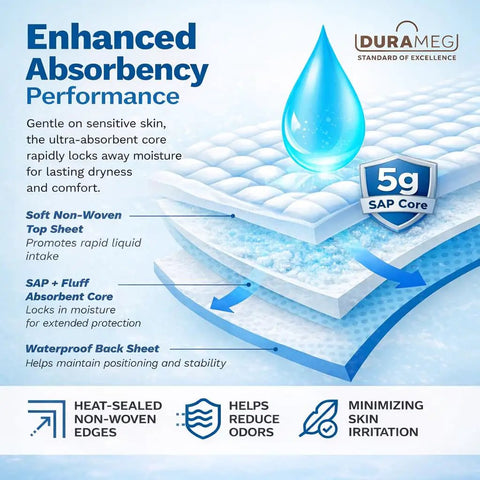 Enhanced Absorbency Performance visual with details on Heavy Duty Disposable Underpads 23X36 Inch 120 Pack With Sap Absorbency For Incontinence Or Puppy Training Waterproof Leak Proof Bed Pads To Keep Your Mattress And Furniture Bone Dry For Adults.