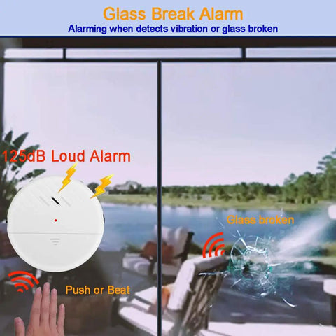 Ultra Slim Window Vibration Alarm Pack of 6 with 125dB Siren Anti Theft Door and Window Glass Break Sensor showing alarm activation.