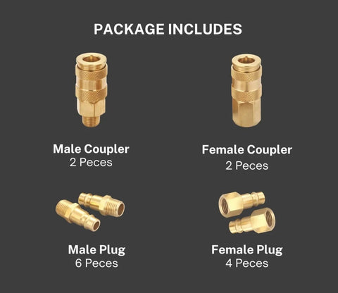 Pro High Flow Air Coupler and Plug Kit, Fourteen Piece V Style Set, One Quarter Inch NPT, Solid Brass Quick Connect Fittings