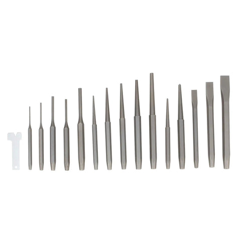 16 chrome vanadium tools from 28 Piece Punch And Chisel Set With Roll Up Pouch In Chrome Vanadium And High Carbon Steel