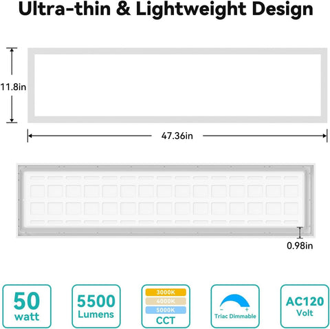Dimensions and features of Three Pack 1x4 LED Flat Panel Light Surface Mount With 3000K 4000K 5000K Selectable And Triac Dimmable 5500 Lumens 50W 120V Ceiling Fixture For Garage Kitchen Office White Lit Ultra Bright.