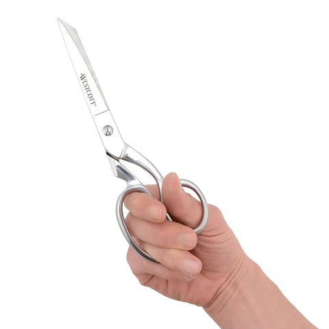 Heavy Duty Bent Fabric Scissors With 8 Inch Forged Blades And Precision Ground Knife Edge For Seamless Cutting, Perfect For Sewing, Crafts, And Office Projects, held in hand