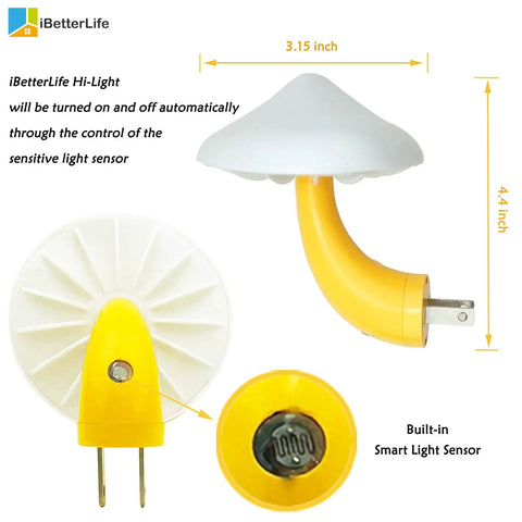 Mushroom Sensor Night Light With Auto Dusk To Dawn Glow Plug In 7 Color Changing LED Lamp showcasing build and dimensions.