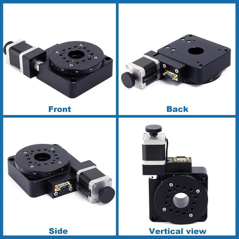 Precision Electric Rotating Platform For Optical Alignment, Pro Grade Motorized 100mm Rotation Stage With Worm Drive shown in four angles