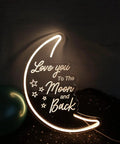 Moon Neon Light Sign With Love You To The Moon And Back 3D Art glowing on dark background with stars visible, USB powered, warm white glow