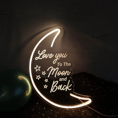 Moon Neon Light Sign With Love You To The Moon And Back 3D Art glowing on dark background with stars visible, USB powered, warm white glow