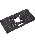 Heavy Gauge Aluminum Router Table Insert Plate With Four Durable Rings And Metric Imperial Scale angled view showcasing measurements and design.