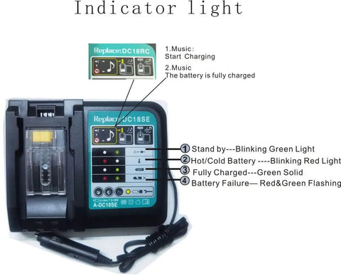 On The Go 18V Battery Car Charger For Li Ion And NiMH Tool Packs Fast Charge In About An Hour Or Less indicator lights.