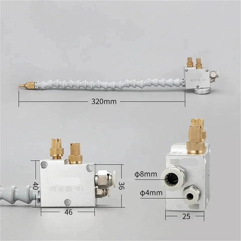 Mist Coolant Lubrication Spray System for CNC Lathe, 8mm pipe, pneumatic sprayer with Magnet2, dimensions and connectors