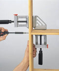 Quick-Jaw Right Angle Corner Clamp for Cabinets and Boxes, 90 Degree Clamp securing a wooden frame for assembly