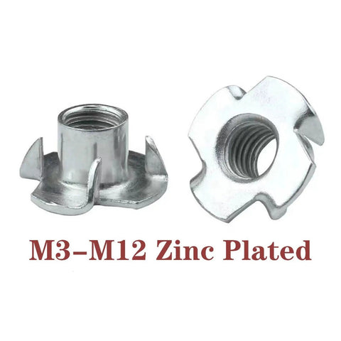 Four Claw T Nut Set For Woodworking M10 X 13 Zinc Plated Blind Pronged Insert Tee Furniture Hardware close-up view