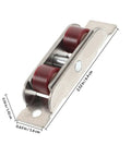 Heavy Duty Stainless Steel Double Roller Track Pulleys And Silent Glide Sash Wheels For Sliding Doors Barn Closets close-up view with dimensions shown.