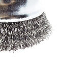 Close-up of Top Shelf Carbon Steel Mounted Crimped Wire Cup Brush 2-3/4 Inch showing bristle detail for rust and paint stripping.