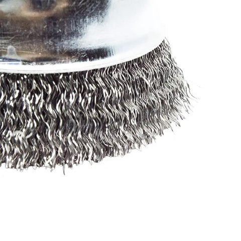 Close-up of Top Shelf Carbon Steel Mounted Crimped Wire Cup Brush 2-3/4 Inch showing bristle detail for rust and paint stripping.