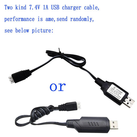 Two types of USB charger cables for Two Pack 7.4V 1500mAh 15C Li-ion RC Battery With T Plug Connector, showing different designs.