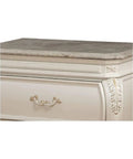 Timeless Tradition Nightstand With Granite Top In Pearl White Veneer, ornate drawer front, 2-drawer detail on top section.