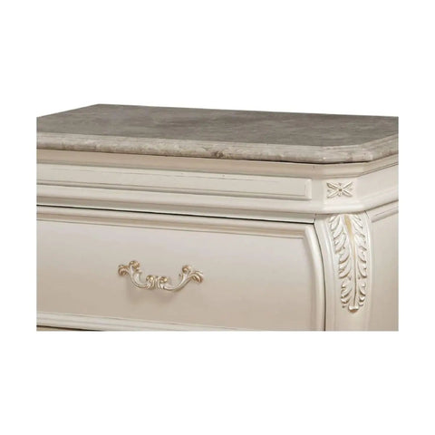 Timeless Tradition Nightstand With Granite Top In Pearl White Veneer, ornate drawer front, 2-drawer detail on top section.