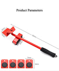 Ergonomic Furniture Lifter And Mover Tool Set With 4 Roller Pad Sliders; red steel lifter and four protective sliders for easy moving.
