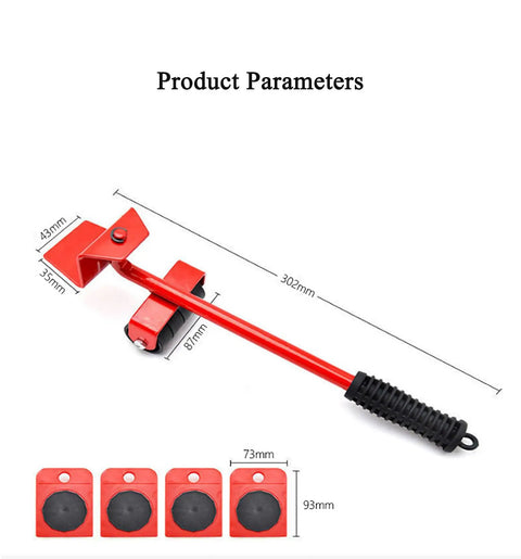 Ergonomic Furniture Lifter And Mover Tool Set With 4 Roller Pad Sliders; red steel lifter and four protective sliders for easy moving.