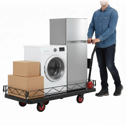 2-in-1 Folding Flatbed Cart With Removable Cage, Heavy Duty Platform Truck For Home And Workshop, Built To Haul Big Loads, Quick Switch To Flat Cart For Bulky Items, Durable PP And Steel Construction with washer and boxes