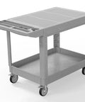 Heavy Duty Plastic Utility Cart On Wheels With Large Flat Top 46 By 25 Inch Work Cart Two Shelf Rolling Service Cart 1000 Lb Capacity Built Tough For Warehouse Garage Cleaning Gray