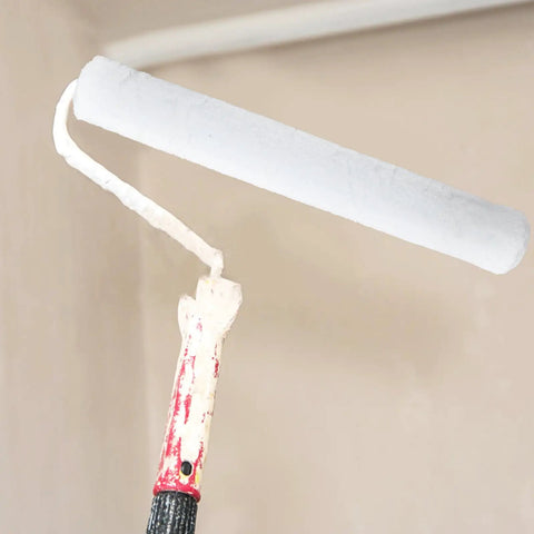 Ultra Smooth Small Paint Roller Cover With Replaceable Sleeve Hella Tough No Drip Design For Walls Ceilings And Furniture Quick Change Nap Fits Standard Frame Tight, white nap on a metal roller handle.