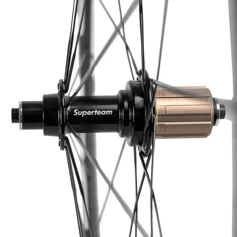 Hub close-up of 50mm Carbon Clincher Wheelset For Road Racing 700c With 23mm Width Toray T700 Matte 3K Finish UCI Approved