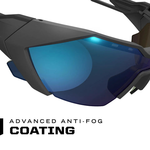 Close-up of Vision Type E Safety Glasses with Anti Fog, Scratch Resistant Lenses, featuring Blue Mirror Lens and Half Frame Eyewear