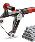 Badass Heavy Duty Pipe Polisher Sander With Electric Belt Sander For Grinding And Polishing 1100 Watt Variable Speed Motor close-up of the tool with metal tubes
