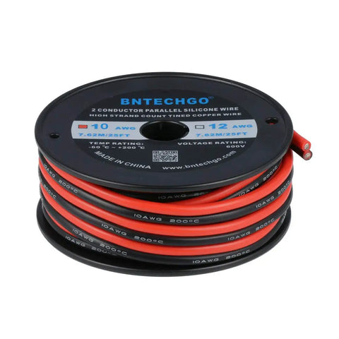 Heavy Duty 10 Gauge 2 Conductor Parallel Silicone Wire Red Black For LED Strip Extensions Ultra Flexible 600V Tinned Copper 200 C Temperature Resistant 25ft Spool