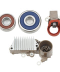 Solid As A Rock Alternator Rebuild Kit For Pickup Trucks With 2.4L Inline Four Engine 1985 Through 1991 Grease Monkey Approved Voltage Regulator Set components including voltage regulator and bearings.