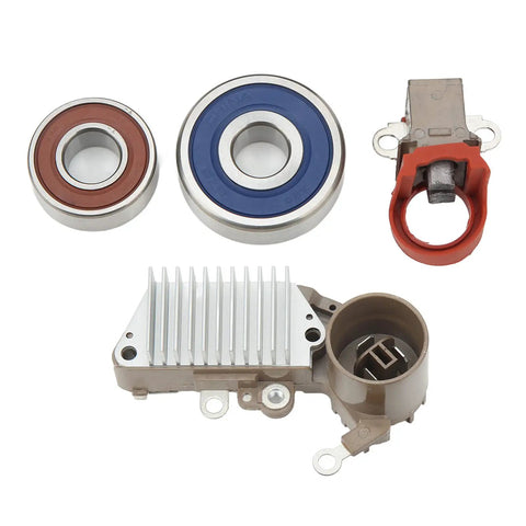 Solid As A Rock Alternator Rebuild Kit For Pickup Trucks With 2.4L Inline Four Engine 1985 Through 1991 Grease Monkey Approved Voltage Regulator Set components including voltage regulator and bearings.