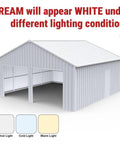 Tough As Nails Heavy Gauge Metal Garage Barn Shed With Reinforced Steel Frame in cream color showcasing different lighting effects.