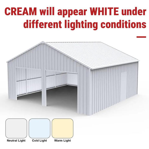 Tough As Nails Heavy Gauge Metal Garage Barn Shed With Reinforced Steel Frame in cream color showcasing different lighting effects.