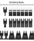 All Purpose Oscillating Tool Blade Kit, 20 Piece High Carbon Steel Set laid out on white background