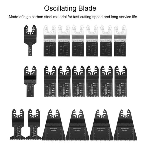 All Purpose Oscillating Tool Blade Kit, 20 Piece High Carbon Steel Set laid out on white background
