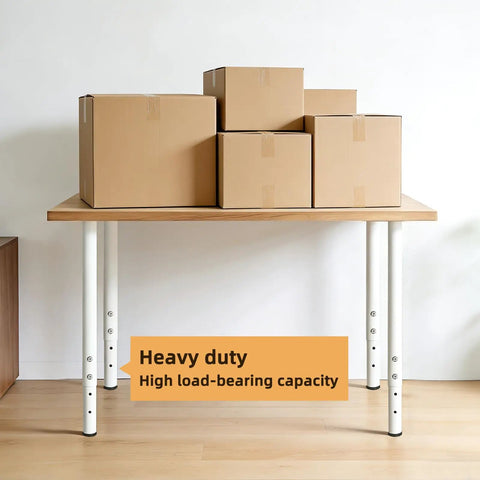 Heavy Duty Adjustable Table Legs 24 To 40 Inch Metal Base With Twist Adjust Leveling Pads Set Of 4 Crisp White, supporting boxes.