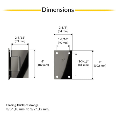 Dimensions diagram of Wall Mount Full Back Plate Hinge With 5 Degree Preset Brass Polished Nickel Finish For Four Inch Height And Two And Five Sixteenths Inch Width Self Centering Five Degree Pivot Pin For Three Eighths To One Half Inch Glass Thickness.