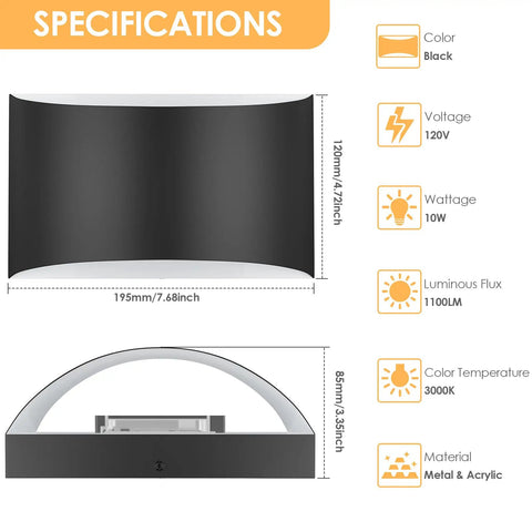 Specifications for Straight Up Modern Matte Black LED Wall Sconces Set Of Two Hardwired Fixtures With 3000K Warm White Glow.