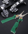 Rock Solid Multi Function Wire Strippers With Voltage Tester And Cutters Slick Non Slip Grip Heavy Duty Stainless Steel Electrician Pliers Zero Hassle Handling Portable 7 87 Inch on a dark background with hinges.