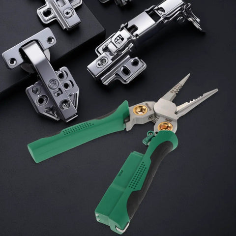 Rock Solid Multi Function Wire Strippers With Voltage Tester And Cutters Slick Non Slip Grip Heavy Duty Stainless Steel Electrician Pliers Zero Hassle Handling Portable 7 87 Inch on a dark background with hinges.