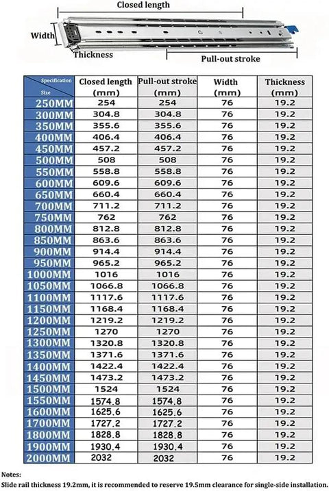 Shop Tough Heavy Duty Full Extension Drawer Slides Pro Grade Ball Bearing Side Mount Locking Rail Tracks specifications table.