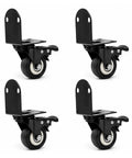 Four Pack Two Inch Swivel Casters With Foot Brake Locks And L Bracket Corner Mounts, black with metal hubs for furniture upgrades.
