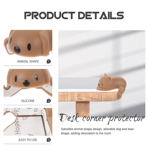 Dog And Bear Shaped Silicone Table Corner Protectors displayed on desk corner, showing animal shapes and easy installation details