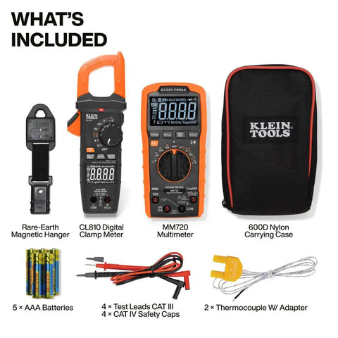 Digital Multimeter And Clamp Meter Kit With Auto Ranging TRMS Voltage Tester For 1000V AC DC Magnetic Hanger Pro Grade Test Kit For Electricians And DIY Enthusiasts including meters, batteries, leads, and case.