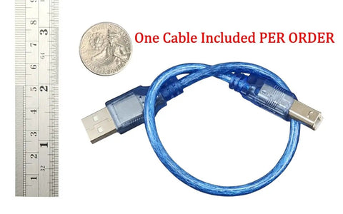 Recording Module In Black Enclosure With Dual Mode Selector Plug And Play Light Mode Or Motion Mode For Auto Display Activation By Walk By Motion Sensor Ideal For Retail Displays And Light Triggered Projects blue USB cable with USB-A to square B connector, ruler and coin for scale