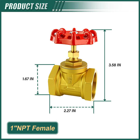 1 Inch NPT Brass Gate Valve Female X Female With Wheel Handle dimensions displayed
