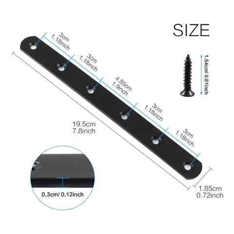 Sturdy Black Stainless Steel Straight Brace Brackets 19x195mm with screws, detailed size measurements for DIY projects