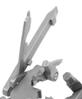 Close-up of Beefy 25 Inch Stainless Steel Folding Multitool Kit with various extended tools, including wrench and screwdrivers.